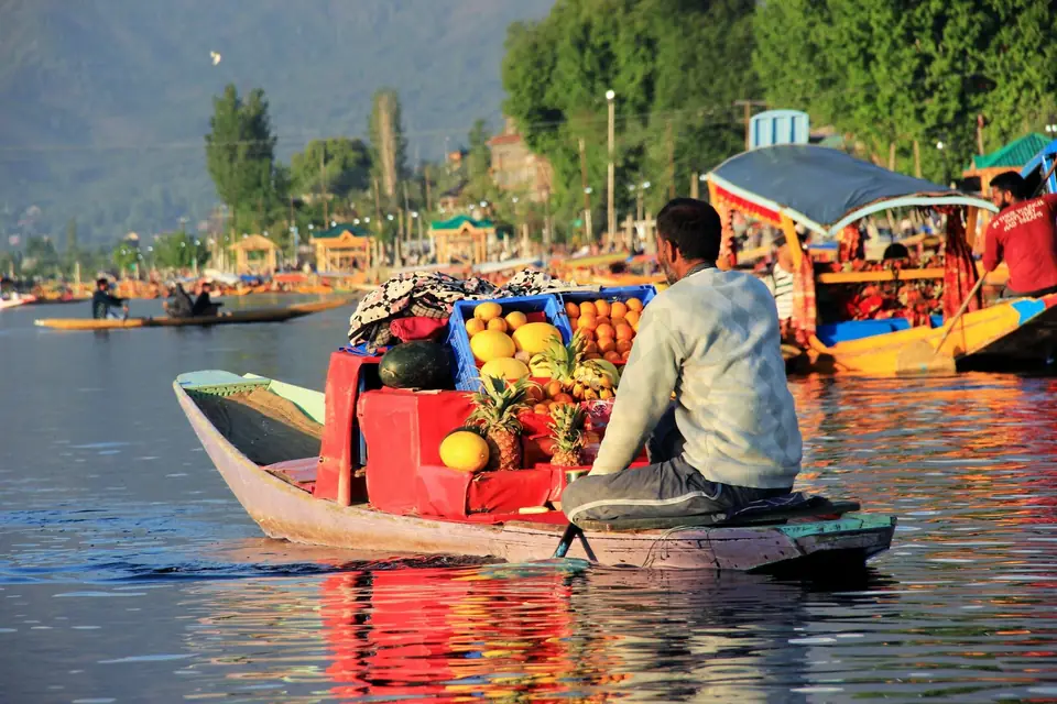 A vendor selling fruit from his boat on Dal Lake A vendor selling fruit from his boat on Dal Lake